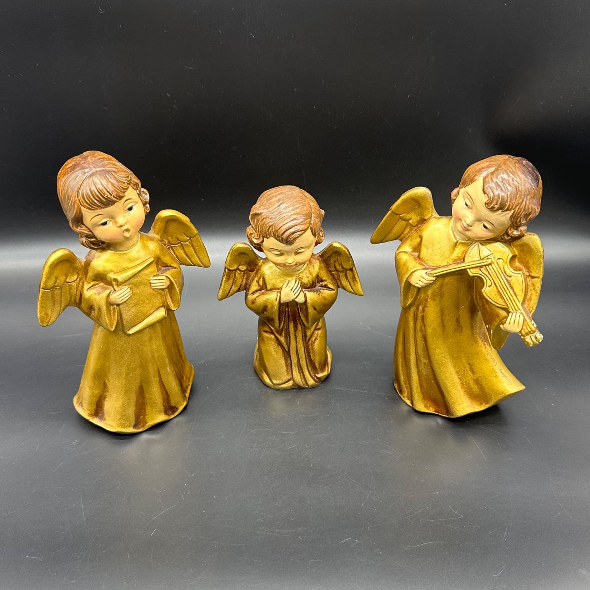 Vintage Paper Mache Angel Figurines Choir Girls Set of 3 Gold Mid
