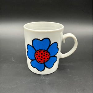 Vintage Coffee Mug Blue Flower Power Ceramic Cup Japan Retro Kitchen 1960s