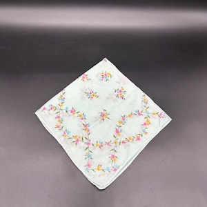 Vintage Handkerchief Hankie Mint Green Flowers Cotton Scarf Floral