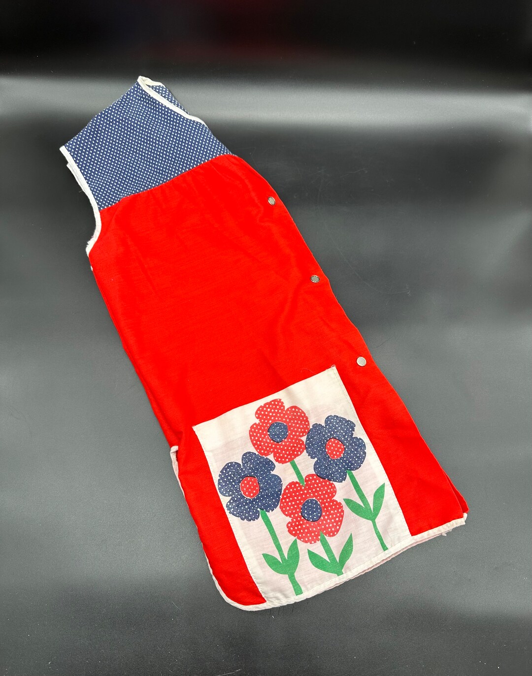 Vintage Artist Smock Vest Red Blue Flower Power Polka Dot Handmade