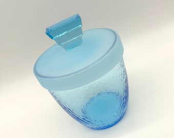 Blue Glass Jar Canister Apothecary Frosted Textured Storage Container Bathroom
