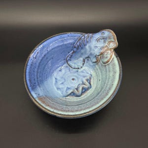 Peut inclure: Un bol en céramique fait à la main avec un glaçage bleu. Le bol présente un motif de lamantin en relief sur le bord et un motif en forme d'étoile au centre. Le bol mesure environ 15 cm de diamètre.