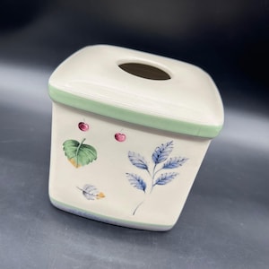 Vintage Tissue Box Cover Botanical Leaf Cherries Cream Green 1990s Ceramic Retro