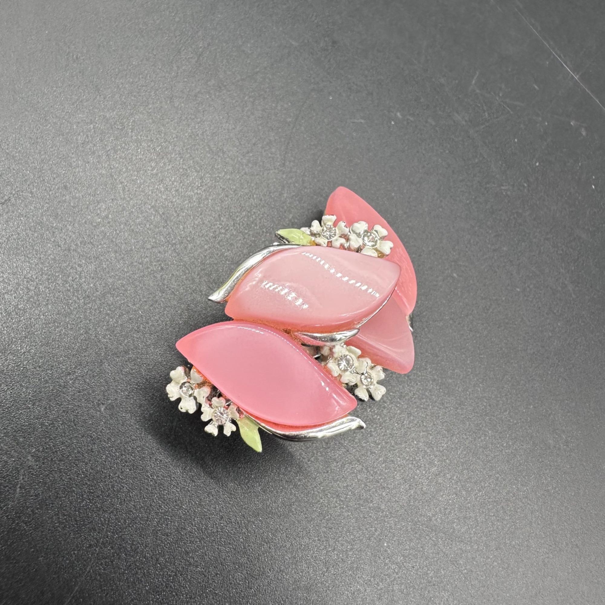 Vintage Pink Thermoset Clip On Earrings Floral Mid Century Silver Tone Retro
