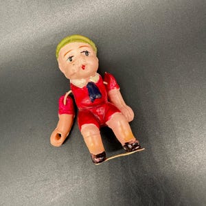 Antique Celluloid String Jointed Doll Boy Red Outfit Green Cap Vintage As Is