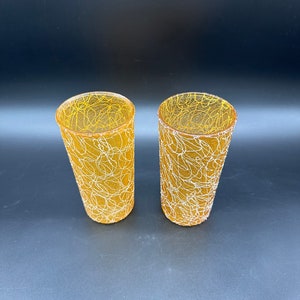 Vintage Spaghetti String Glasses Tumblers Mid Century Modern Set of 2 Orange