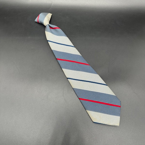 Vintage Clip On Mens Tie Regal 1960s White Red Blue Retro Accessory Diagonal Stripes