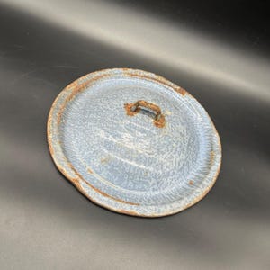 Vintage Blue Gray Enamelware Pot Lid Rusty Farmhouse Decor Metal Enamel As Is