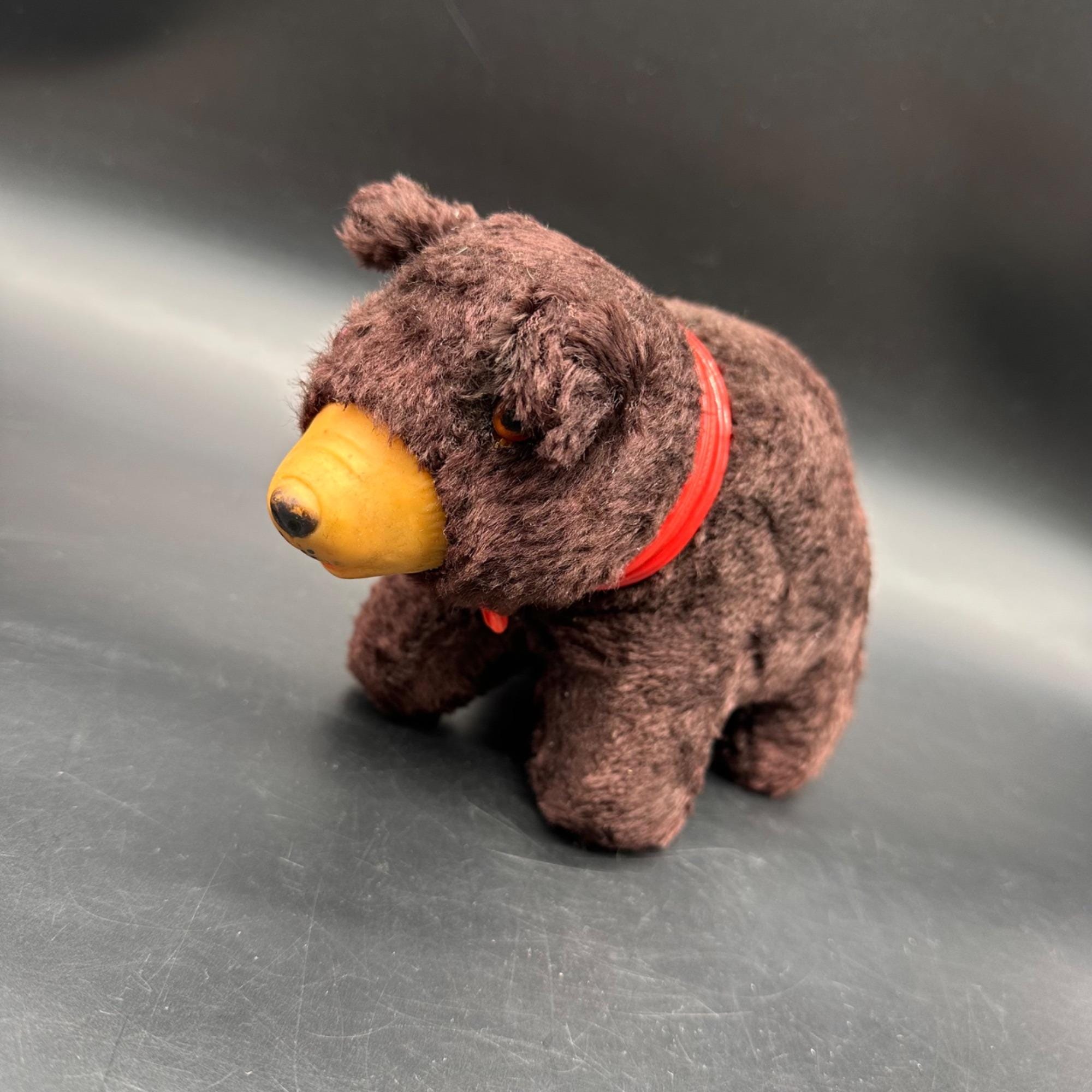 Vintage Plush Bear Toy Red Collar Mid Century Straw Stuffed Rubber