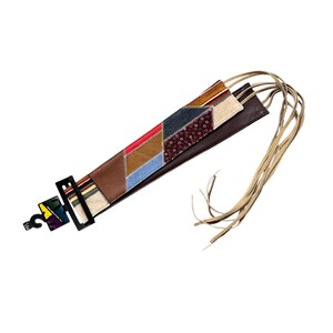 May include: A wide wrap belt featuring a patchwork design of brown, red, blue, and patterned fabric panels. The belt includes a black plastic buckle and long, thin beige leather ties extending from one end. A small black tag labeled M/L is attached.
