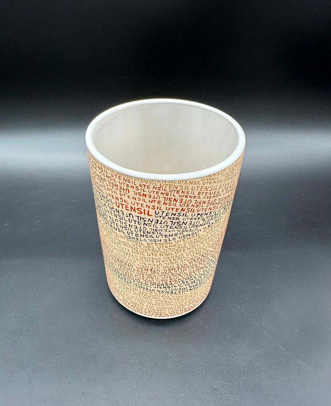 Vintage Utensil Crock Holder Ceramic Typography Brown Black Neutral