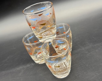 Vasos de chupito futuristas Atomic Boomerang, estilo moderno de mediados de siglo, artículos de bar vintage con oro de 22 quilates.