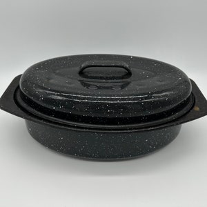 Vintage Graniteware Pan Roasting Speckled Black Metal Enamel Thanksgiving