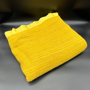 Vintage Satin Trim Blanket Harvest Gold Yellow 1970s Throw Waffle Weave Retro