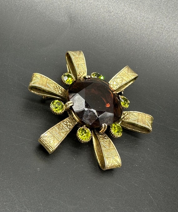 Vintage Brooch Pin Pendant Capri Faceted Amber Green Rhinestones Egyptian Revival Signed Statement