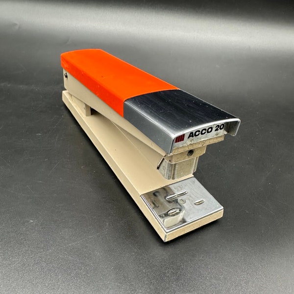 Vintage Stapler Acco 20 USA Heavy Duty Orange Beige Chrome Office Desk Supply