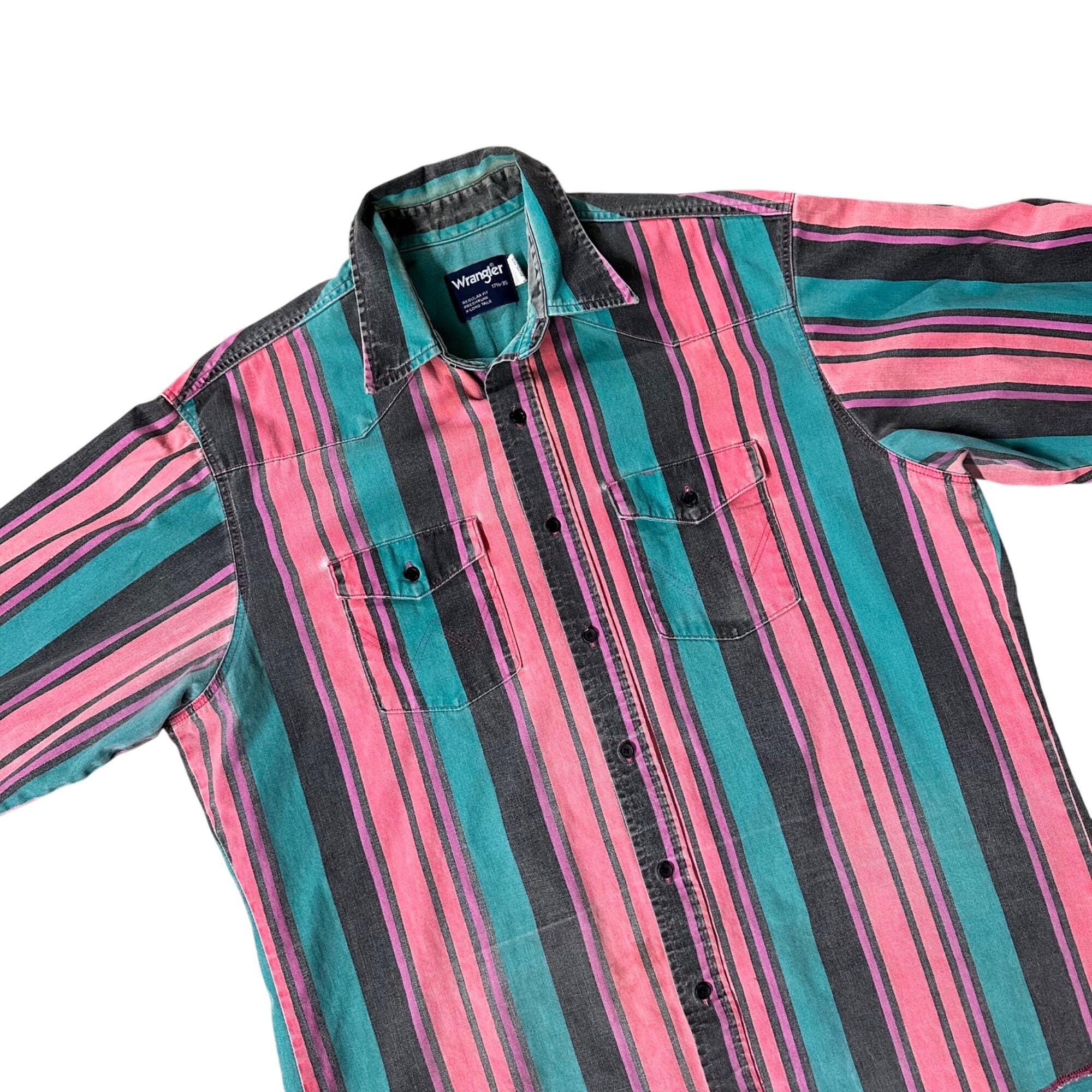 Vintage Wrangler Brushpopper 90s Western Shirt Pink Teal Stripes