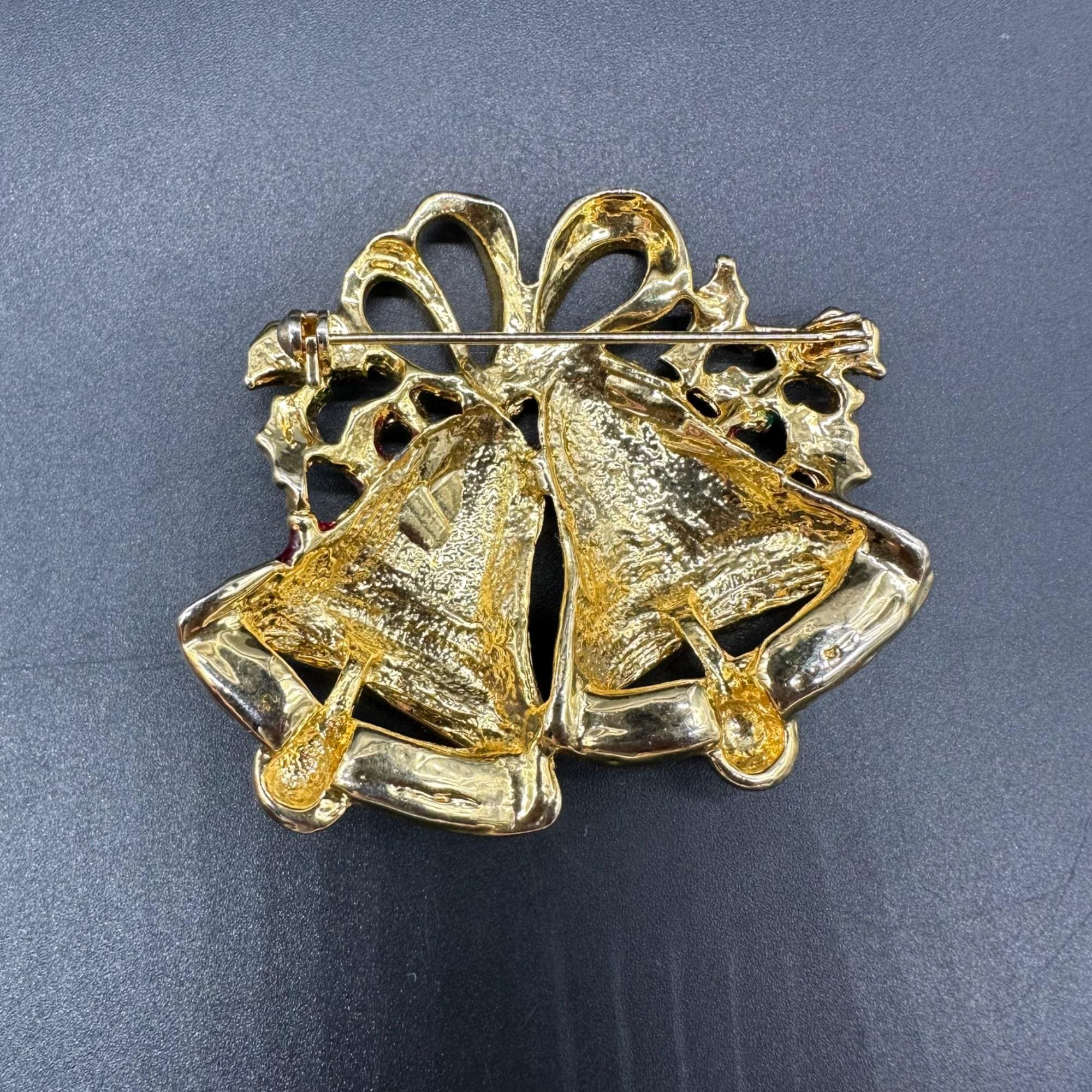 Vintage Christmas Bells Brooch Pin Red Enamel Gold Tone