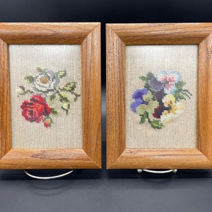 Vintage Needlepoint Embroidery Pictures Framed Pansy Rose Flowers