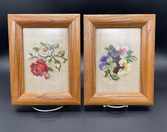 Vintage Needlepoint Embroidery Pictures Framed Pansy Rose Flowers