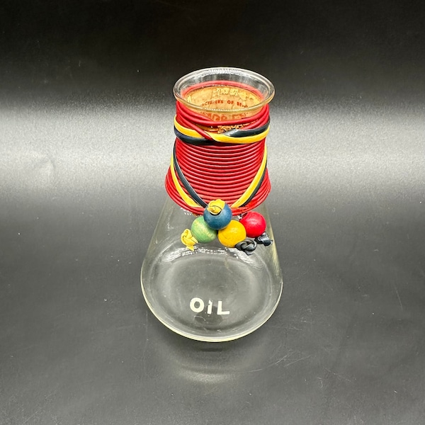 Vintage Oil Cruet Bottle Glass Beaker Wood Beads Retro Kitchen Red Yellow