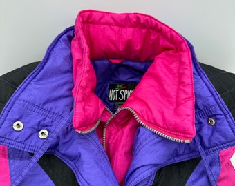 Vintage Puffer Coat Ski Jacket Puffy Color Block Pink Purple Black Large