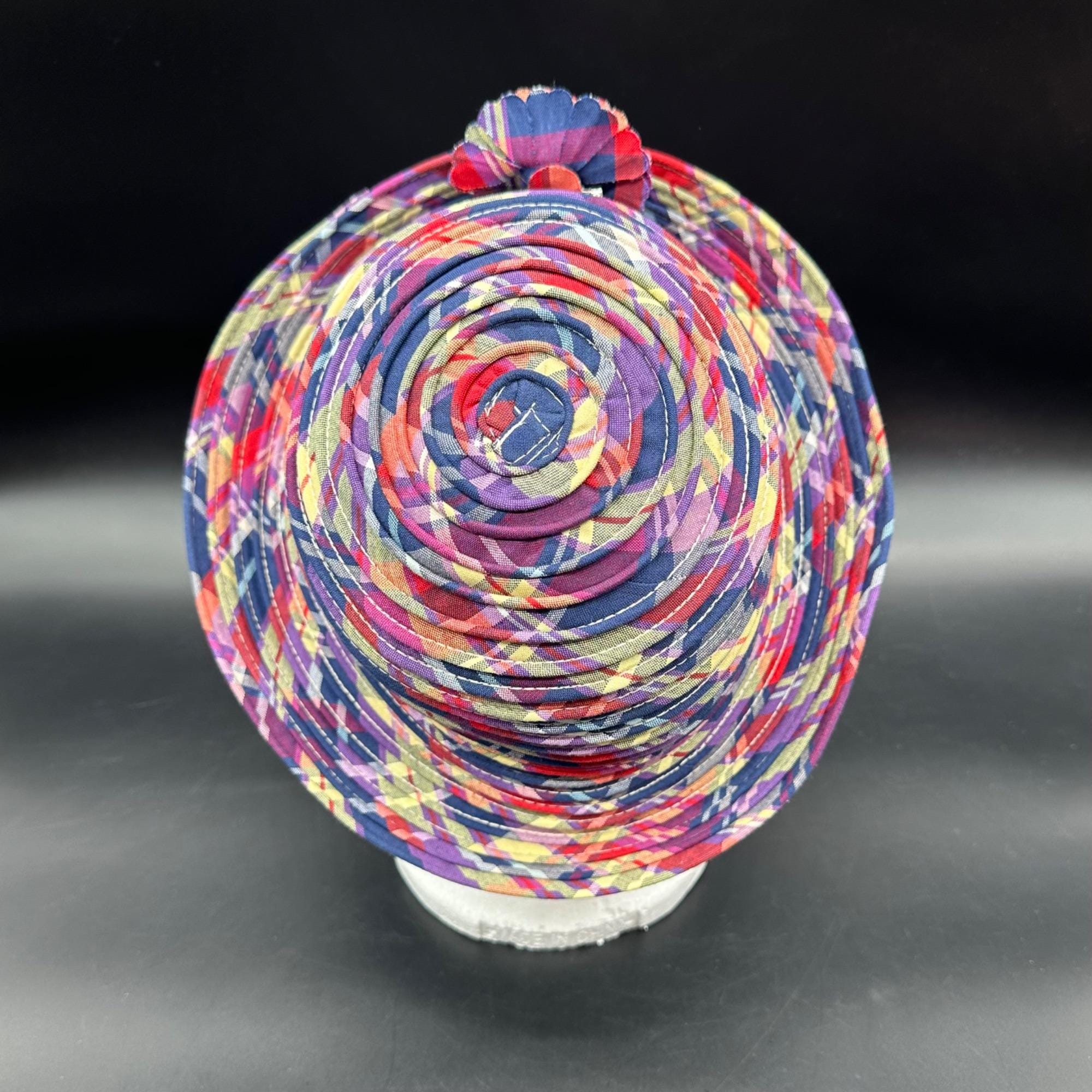 Vintage Plaid Hat 1990s Pink Blue Flower Brooch Accent Y2K  display picture 1