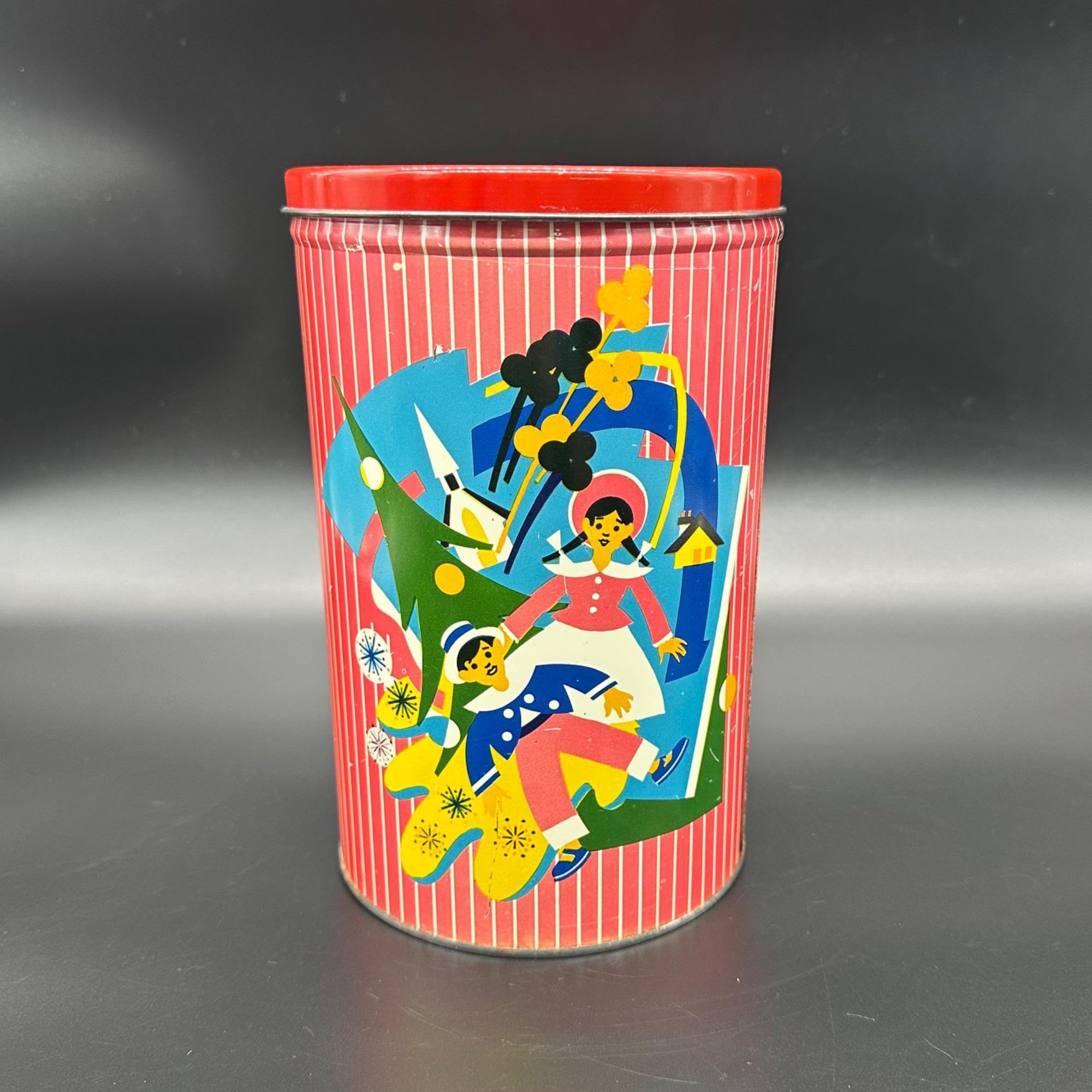 Vintage Christmas Tin Korday Hard Candies Red Striped 1960s Metal