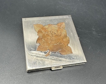 Miroir floral rose vintage Powder Compact Volupte USA en métal argenté LIRE