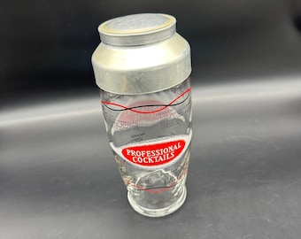 Vintage 1960s Cocktail Shaker Recipes Metal Lid Glass Barware Red Retro