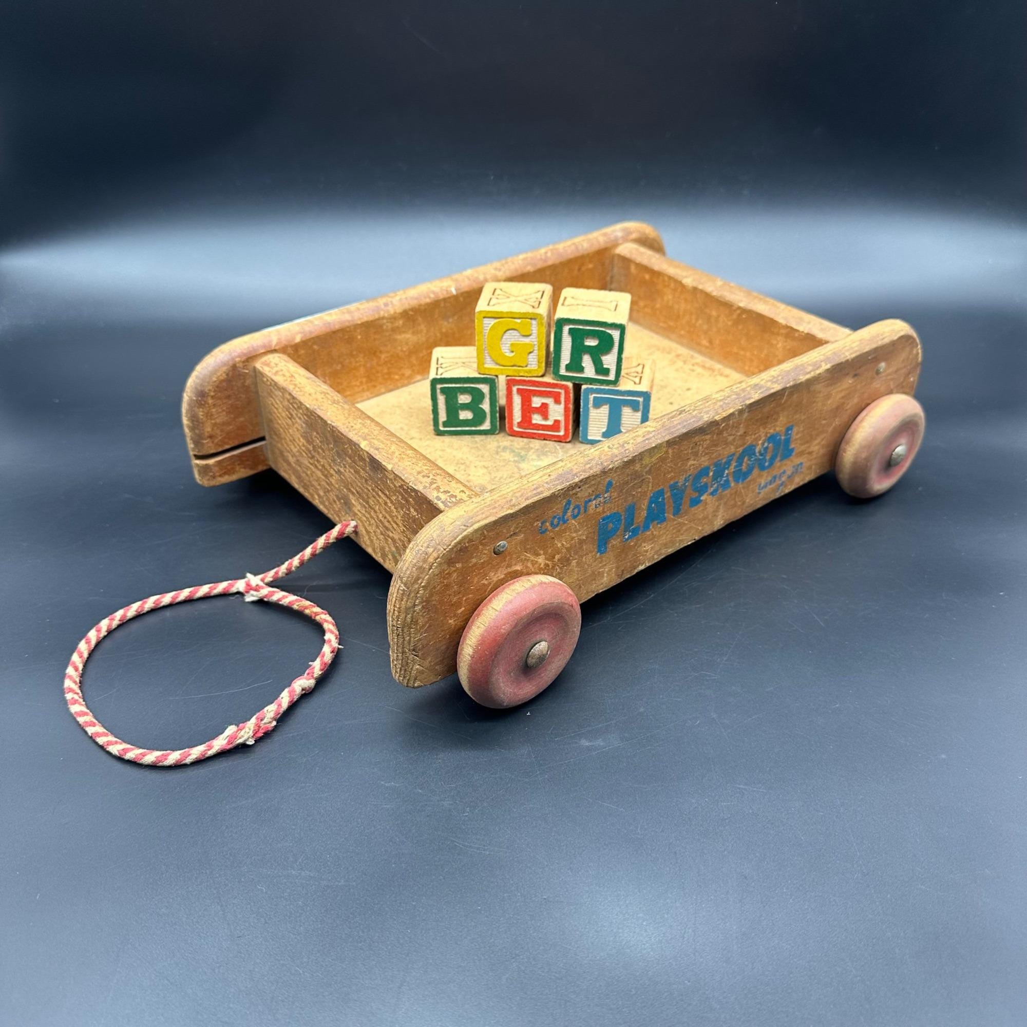 Vintage Playskool Wooden Wagon Pull Toy Blocks Rope Handle 1960s