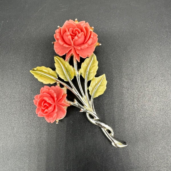Vintage Brooch Pin Coral Pink Rose Flowers Silver Toned Metal Cottagecore Statement