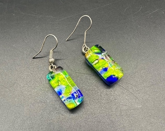 Murano Glass Earrings Blue Green Art Rectangle Dangling Hook Made In Italy