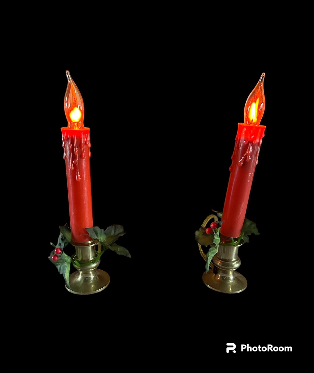 Vintage Christmas Candles Plug in Lights Brass Base Red Holly Berry
