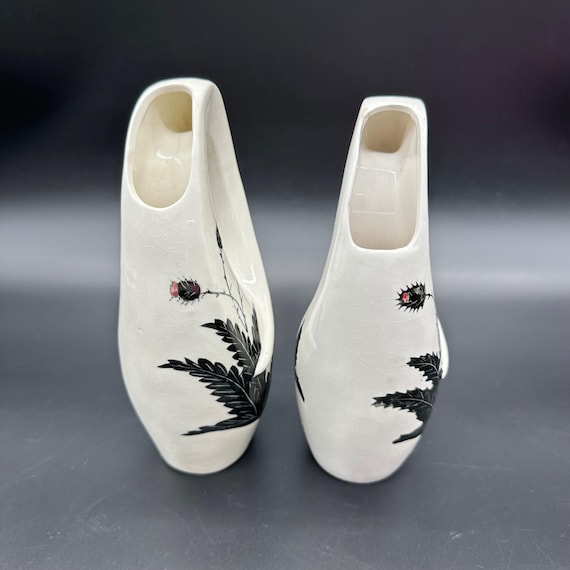 Vintage Vases Mid Century Japan Ceramic Black Floral Thistle Retro