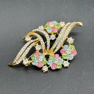 Vintage Brosche Pin Gold Tone Regenbogen Strass Blumen Statement Schmuck Party