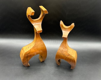 Vintage Wooden Deer Mid Century Modern Reindeer Statues Figurines Brown Christmas