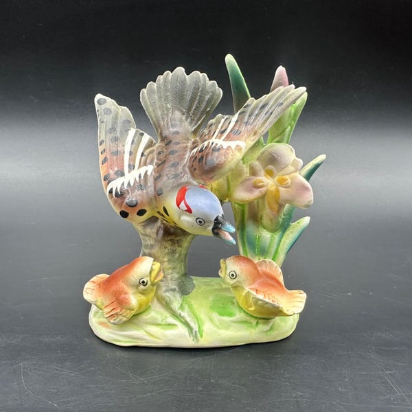 Vintage Flicker Bird Figurine Victoria Ceramics Japan Flowers Mid Century