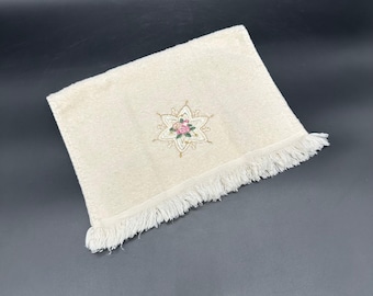 Vintage Hand Towel Floral Embroidery Cannon USA Fringed Cream Pink Cottagecore