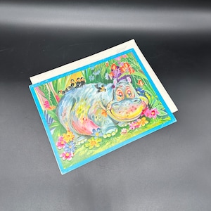 Vintage Geburtstagskarte Kinderzimmer Dekor Nilpferd Vögel Embossed Print Kitsch USA