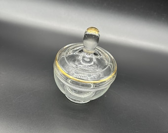 Vintage Clear Glass Trinket Dish Gold Accents Lid Jewelry Holder Candy Dish Storage