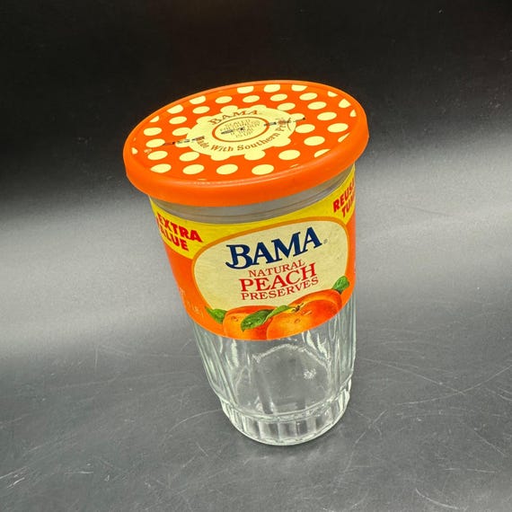Vintage Bama Peach Preserves Jar Lid Orange Reusable Glass Retro Kitchen 1990s Advertising