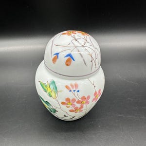Vintage Ginger Jar Hand Painted Floral Milk Glass Storage Container Asian Style