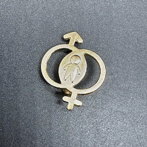 May include: A gold-colored pin featuring a stylized human figure within an oval, surrounded by the male and female gender symbols. The pin is set against a dark gray background.
