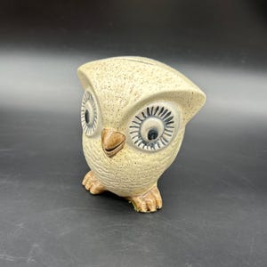 Vintage Owl Coin Bank Beige Speckled Big Eyes Figurine 1970s Retro Ceramic