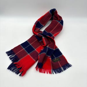 Vintage Plaid Scarf Red Navy Blue Orlon Made In USA Checkered 1950s Winter Fringe