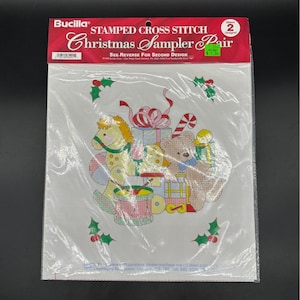 Vintage Bucilla 1995 Stamped Cross Stitch Christmas Sampler Pair Crafting
