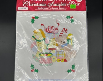 Par de muestrarios navideños de punto de cruz con sello Bucilla vintage de 1995