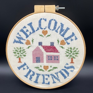 Vintage Cross-stitch Home Sweet Home Complete In Hoop Over 12 Inches