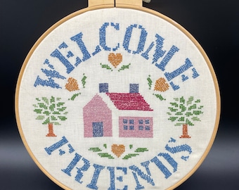 Vintage Cross-stitch Home Sweet Home Complete In Hoop Over 12 Inches